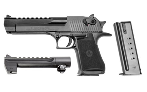 Picture of Magnum Research Desert Eagle, Single Action, Semi-automatic, Metal Frame Pistol, Full Size, 50 Action Express, 6" Barrel, Steel, Black Oxide Finish, Rubber Grips, Fixed Sights, Ambidextrous Thumb Safety, 7 Rounds, 1 Magazine, Ships with 6" 44MAG Barrel and 44MAG Magazine, Ambidextrous DE50WB6