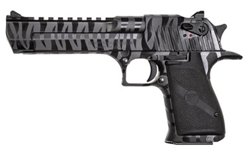 Picture of Magnum Research Desert Eagle, MK19, Single Action, Semi-automatic, Metal Frame Pistol, Full Size, 50 Action Express, 6" Barrel, Steel, Black with Tiger Stripes, Plastic Grips, Fixed Sights, Ambidextrous Thumb Safety, 7 Rounds, 1 Magazine, Ambidextrous DE50BTS