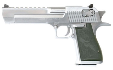 Picture of Magnum Research Desert Eagle, MK19, Single Action, Semi-automatic, Metal Frame Pistol, Full Size, 50 Action Express, 6" Barrel, Steel, Brushed Finish, Silver, Rubber Grips, Fixed Sights, Ambidextrous Thumb Safety, 7 Rounds, 1 Magazine, Ambidextrous DE50BC