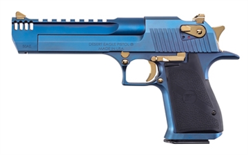 Picture of Magnum Research MK19 Desert Eagle, Semi-automatic Pistol, 50 Action Express, 6" Barrel, Integrated Muzzle Brake, Cerakote Finish, Carbo Blue, Rubber Grips, Gold Combat Sights, 7 Rounds, 1 Magazine DE50CBG
