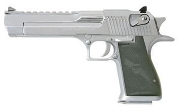 Picture of Magnum Research Desert Eagle, MK19, Single Action, Semi-automatic, Metal Frame Pistol, Full Size, 50 Action Express, 6" Barrel, Steel, Polished Chrome Finish, Silver, Rubber Grips, Fixed Sights, Ambidextrous Thumb Safety, 7 Rounds, 1 Magazine, Ambidextrous DE50PC