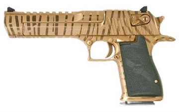 Picture of Magnum Research Desert Eagle, MK19, Single Action, Semi-automatic, Metal Frame Pistol, Full Size, 50 Action Express, 6" Barrel, Steel, Titanium Gold with Tiger Stripes, Plastic Grips, Fixed Sights, Ambidextrous Thumb Safety, 7 Rounds, 1 Magazine, Ambidextrous DE50TG-TS