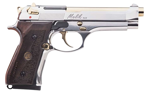Picture of Derya Melik, Double Action/Single Action, Semi-Automatic, Metal Frame Pistol, Full Size, 9MM, 4.9" Barrel, Nickel Finish, Silver, Gold Polished PVC Barrel, Fixed Sights, Slide Mounted Decocker, Mahogany Dark Wood Grips, 10 Rounds, 1 Magazine 10L.MELIK9.NG.TR