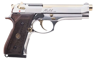Picture of Derya Melik, Double Action/Single Action, Semi-Automatic, Metal Frame Pistol, Full Size, 9MM, 4.9" Barrel, Nickel Finish, Silver, Gold Polished PVC Barrel, Fixed Sights, Slide Mounted Decocker, Mahogany Dark Wood Grips, 17 Rounds, 1 Magazine MELIK9.NG.TR