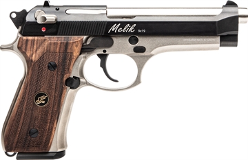 Picture of Derya Melik, Double Acton/Single Action, Semi-automatic, Metal Frame Pistol, Full Size, 9MM, 4.9", Anodized Finish, Black Slide, Silver Frame, Fixed Sights, Slide Mounted Decocker, Walnut Grips, 17 Rounds, 1 Magazine MELIK9.TT.TR MELIK9TTTR