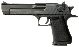 Picture of Magnum Research Desert Eagle, MK19, Single Action, Semi-automatic, Metal Frame Pistol, Full Size, 357 Magnum, 6" Barrel, Steel, Black, Plastic Grip, Fixed Sights, Ambidextrous Thumb Safety, 9 Rounds, 1 Magazine, Ambidextrous DE357