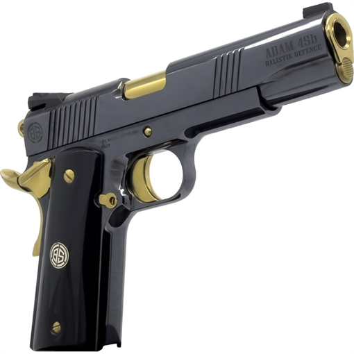 Picture of Dickinson LLC DKSN45AB Adam 1911 Acoustic Full Size 45 ACP 8+1 5" Gold Barrel, Shiny Black Steel B Serrations Slide, Shiny Black Steel Frame w/Beavertail