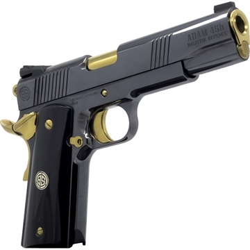 Picture of Dickinson LLC DKSN45AB Adam 1911 Acoustic Full Size 45 ACP 8+1 5" Gold Barrel, Shiny Black Steel B Serrations Slide, Shiny Black Steel Frame w/Beavertail
