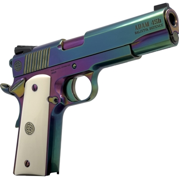 Picture of Dickinson LLC DKSN45RBB Adam 1911 Rainbow Full Size 45 ACP 8+1 5" Polished Rainbow PVD Steel B Serrations Slide, Rainbow PVD Steel Frame w/Beavertail