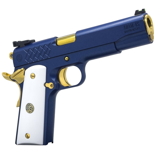 Picture of Dickinson LLC DKSN45SM Adam 1911 Sapphire Full Size 45 ACP 8+1 5" Gold Barrel, Blue Sapphire Steel Slide & Frame w/Beavertail White Grip