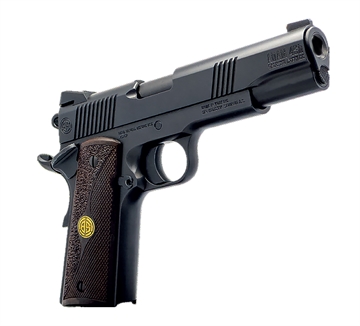 Picture of Dickinson LLC 1911 Adam Full Size Frame 45 ACP 8+1 4.37" Black Button Rifled Barrel, Matte Black Serrated Aluminum Slide, Black Steel Frame, Wood Grips DKSN9BB