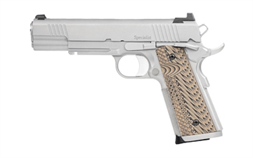 Picture of Dan Wesson Specialist, 1911, Semi-automatic, Metal Frame Pistol, Full Size, 10MM, 5" Barrel, Stainless Steel, Bead Blasted Finish, Silver, G10 Grips, Night Sights, Ambi Thumb Safety, 8 Rounds, 2 Magazines 01815