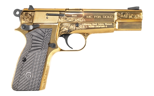 Picture of Girsan MCP35, Single Action Only, Semi-automatic, Metal Frame Pistol, Full Size, 9MM, 4.87" Barrel, Steel, Gold, G10 Grips, Engraved Frame, Dovetail Sights, Ambidextrous Thumb Safety, 15 Rounds, 1 Magazine 390488