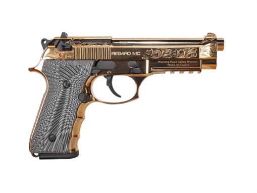 Picture of Girsan REGARD DLX, Semi-automatic, Single Action, Full Size, 9MM, 4.9" Barrel, Alloy Frame, Gold Engraved Finish, G10 Grips, Ambidextrous Safety, Decocker, Accessory Rail, Fixed Sights, 18 Rounds, 1 Magazine 390088