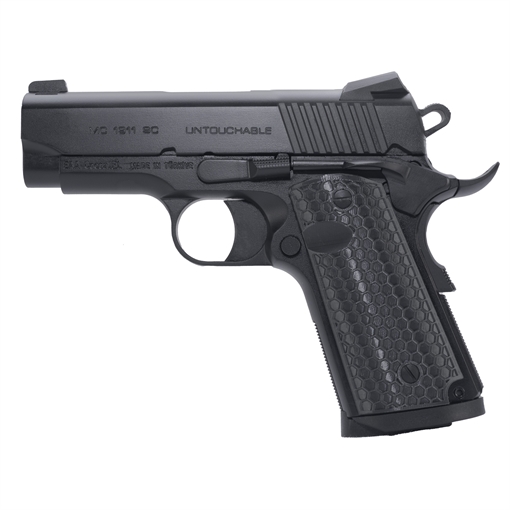 Picture of Girsan MC1911SC Untouchable, 1911, Semi-Automatic, Metal Frame Pistol, Officer Size, 45ACP, 3.4" Barrel, Steel, Black, G10 Grips, 3-Dot Sights, Ambidextrous Safety, 6 Rounds, 1 Magazine 392050