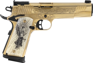 Picture of Girsan MC1911, Semi-automatic, 1911, Metal Frame Pistol, Full Size, 38 Super, 5" Barrel, PVD Finish, Gold Engraved Slide and Frame, Engraved Pearl Grips, Adjustable Rear Sights, Ambidextrous Safety, 9 Rounds, 1 Magazine, Includes Leather Travel Case 391093