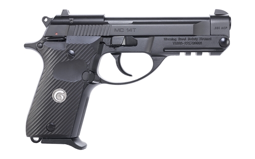 Picture of EAA GIRSAN MC 14T Solution Compact Frame 380 ACP 13+1, 4.50" Black Steel Tip-Up Barrel, Serrated Steel Slide & Aluminum Frame w/Picatinny Rail, Black Checkered Polymer Grip Ambidextrous 390850