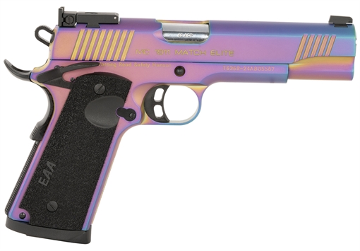 Picture of Girsan MC1911 Full Size Frame 45 ACP 8+1 5" Stainless Bull Barrel, Multi Color PVD Coating Serrated Steel Slide, Multi Color PVD Coating Steel Frame w/Beavertail, Black Textured Grip 391091