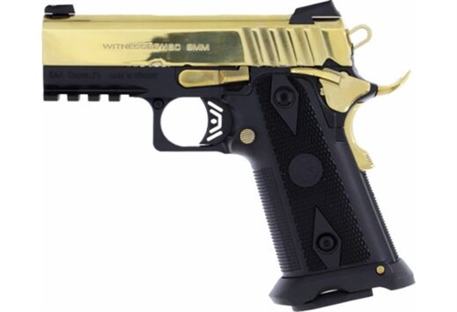 Picture of Girsan WITNESS 2311 Golden Brat, 1911, Semi-automatic, Metal Frame Pistol, Officer Size, 9MM, 3.4" Barrel, Steel, Black Frame and Grip with Golden Slide Barrel and Small Parts, 3-Dot Sights, Ambidextrous Safety, 17 Rounds, 1 Magazine 395088