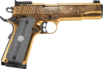 Picture of Girsan MC1911 Deluxe, Semi-automatic, 1911, Metal Frame Pistol, Full Size, 45ACP, 5" Barrel, Gold Finish with Engraved Slide and Frame, Ambidextrous Safety, Fully Adjustable Rear Sight, Extended Beavertail, Laminate Grips, Skeletonized Hammer, 8 Rounds, 1 Magazine 390093