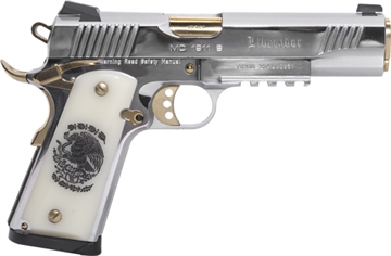 Picture of Girsan MC1911S Liberador II, Semi-automatic, 1911, Metal Frame Pistol , Full Size, 9MM, 5" Barrel, Polished Stainless Finish, Silver, Gold Accents, Engraved White Ivory Grips, Extended Beavertail, Accessory Rail, Tactical Rear Sight, Fixed Front Sight, 10 Rounds, 1 Magazine 391053