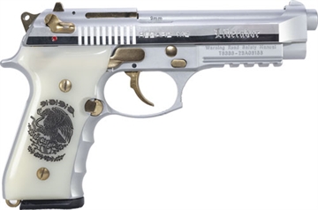 Picture of Girsan REGARD Liberador II, Single Action/Double Action, Semi-Automatic Pistol, Full Size, 9MM, 4.9" Barrel, Alloy Frame, Polished Steel Finish, White Engraved Ivory Grips, Gold Accents, Ambidextrous Safety, Decocker, Picatinny Rail, Fixed Sights, 18 Rounds, 1 Magazine 391089