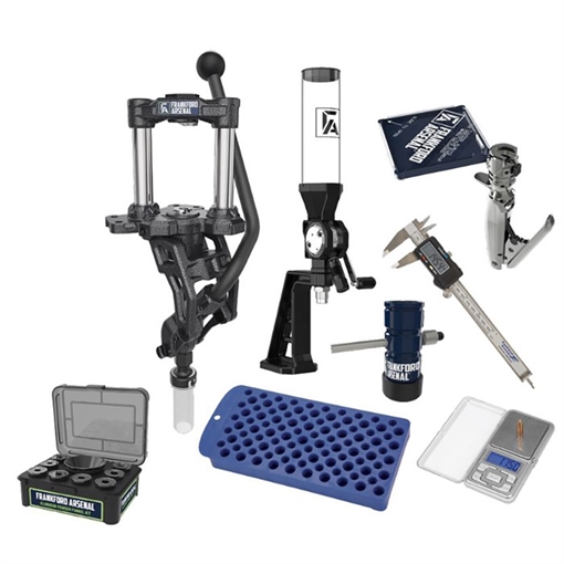 Picture of Frankford Arsenal Essentials Reloading Kit, Includes Frankford Arsenal F-1 Single Stage Press, Bench Top Powder Measure, Aluminum Powder Funnel Kit, Perfect Seat Hand Primer, Electronic Calipers, DS-750 Powder Scale, Powder Trickler and Universal Reloading Tray 1198151