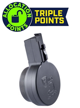 Picture of F5 MFG CZ Scorpion 9mm 50 Round Billet Aluminum Drum Magazine - Armor Black Engraved w/ Scorpion F5-EVO9EN-BLK