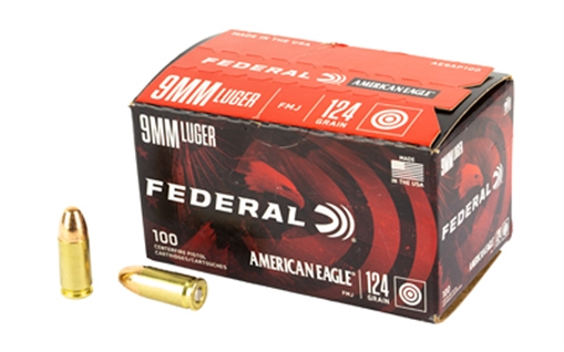 Picture of Federal American Eagle Handgun 9mmLuger 124gr Full Metal Jacket 100 Per Box/5 Case AE9AP100