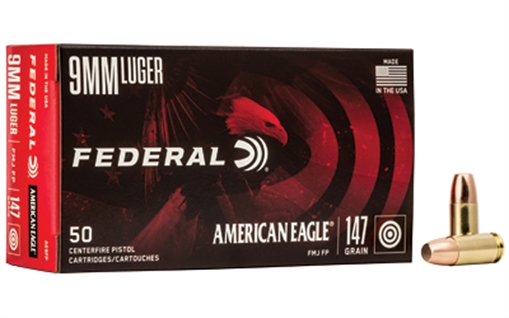 Picture of Federal American Eagle Handgun 9mmLuger 147gr Full Metal Jacket Flat Point 50 Per Box/20 Case AE9FP