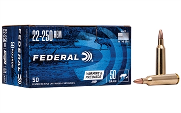 Picture of Federal American Eagle Varmint & Predator 22-250Rem 50gr Jacketed Hollow Point 50 Per Box/5 Case AE2225050VP