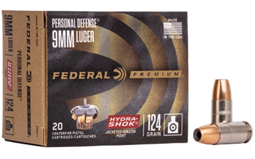 Picture of Federal Premium Personal Defense 9mmLuger 124gr Hydra-Shok Jacketed Hollow Point 20 Per Box/25 Case P9HS1