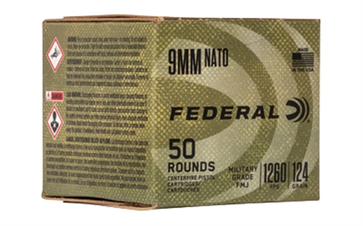 Picture of Federal NATO Military Grade Ball Handgun Ammunition 9mm Luger 124 gr FMJ 1030 fps 50/ct C9N882