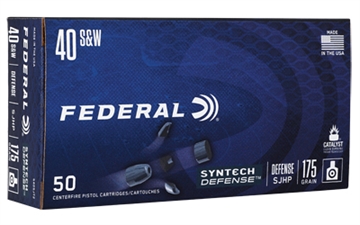 Picture of Federal Syntech Defense with Catalyst Clean Burning Primer, 40 S&W, 175 Grain, Semi Jacketed Hollow Point, 50 Round Box S40SJT2