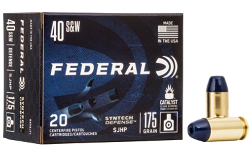 Picture of Federal Syntech Defense with Catalyst Clean Burning Primer, 40 S&W, 175 Grain, Semi Jacketed Hollow Point, 20 Round Box S40SJT1