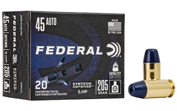 Picture of Federal Syntech Defense with Catalyst Clean Burning Primer, 45 ACP, 205 Grain, Semi Jacketed Hollow Point, 20 Round Box S45SJT1