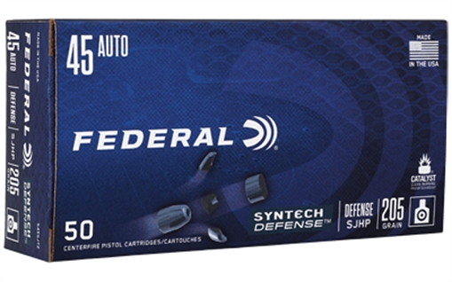 Picture of Federal Syntech Defense with Catalyst Clean Burning Primer, 45 ACP, 205 Grain, Semi Jacketed Hollow Point, 50 Round Box S45SJT2