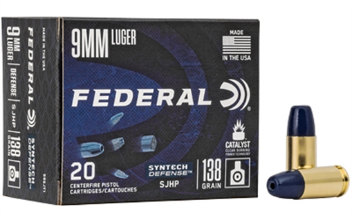 Picture of Federal Syntech Defense with Catalyst Clean Burning Primer, 9MM, 138 Grain, Semi Jacketed Hollow Point, 20 Round Box S9SJT1