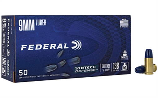 Picture of Federal Syntech Defense with Catalyst Clean Burning Primer, 9MM, 138 Grain, Semi Jacketed Hollow Point, 50, Round Box S9SJT2