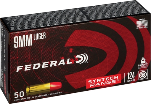 Picture of Federal American Eagle Syntech Range 9mmLuger 124gr Total Syntech Jacket Flat Nose 50 Per Box/10 Case AE9SJ2