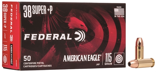 Picture of Federal American Eagle Handgun 38Super+P 115gr Jacketed Hollow Point 50 Per Box/20 Case AE38S3