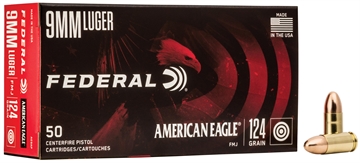 Picture of Federal American Eagle Handgun 9mmLuger 124gr Full Metal Jacket 50 Per Box/20 Case AE9AP