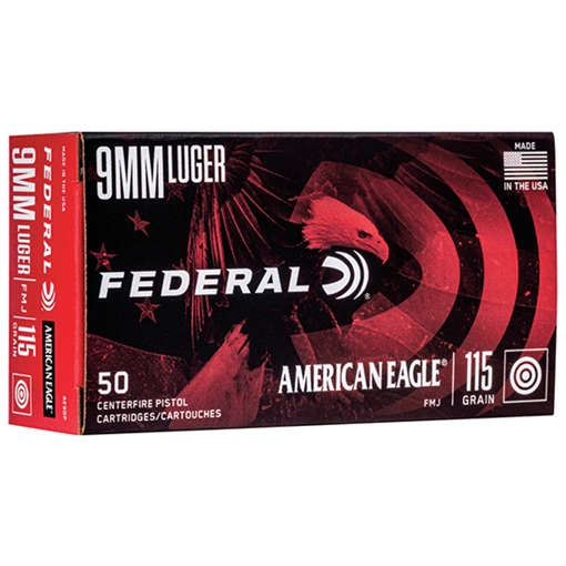 Picture of Federal American Eagle Handgun 9mmLuger 115gr Full Metal Jacket 50 Per Box/20 Case AE9DP