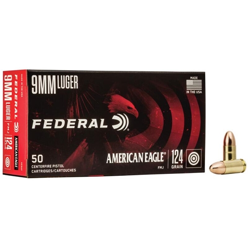 Picture of Federal American Eagle Handgun Ammunition 9mm Luger 124 gr FMJ 1150 fps 1000/ct AE9APCASE