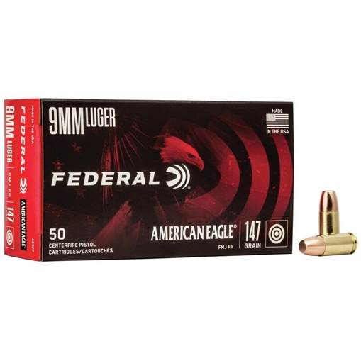 Picture of Federal American Eagle Handgun Ammunition 9mm Luger 147 gr FMJ 1000 fps 1000/ct AE9FP CASE