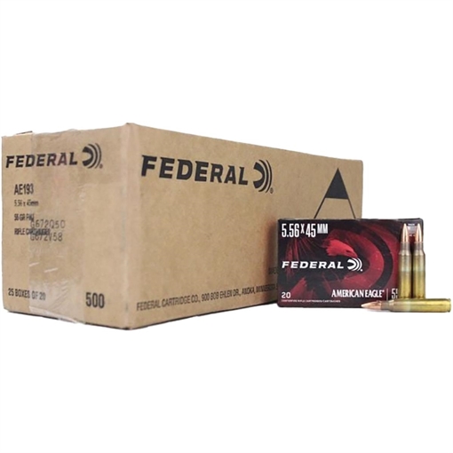 Picture of Federal American Eagle Rifle Ammunition 5.56X45 NATO 55gr FMJ 3165 fps 500/ct (25-20/ct) AE193 Case