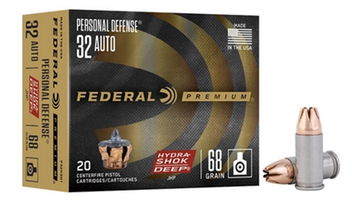 Picture of Federal Personal Defense Hydra-Shok, 32 ACP, 68 Grain, Hydra-Shok Deep Jacketed Hollow Point, 20 Round Box P32HSD1