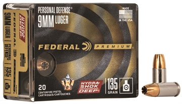 Picture of Federal Premium Personal Defense 9mmLuger 135gr Hydra-Shok Deep Hollow Point 20 Per Box/10 Case P9HSD1