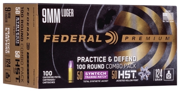 Picture of Federal Premium Practice & Defend 9mmLuger 124gr HST JHP/Syntech TSJ 100 Per Box/5 Case P9HST1TM100