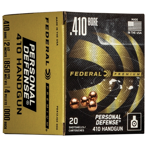 Picture of Federal Personal Defense, 410 Gauge 2.5", 000 Buck, Buckshot, 4 Pellets, 20 Round Box, Designed for Handgun PD412JGE000 PD412JGE 000